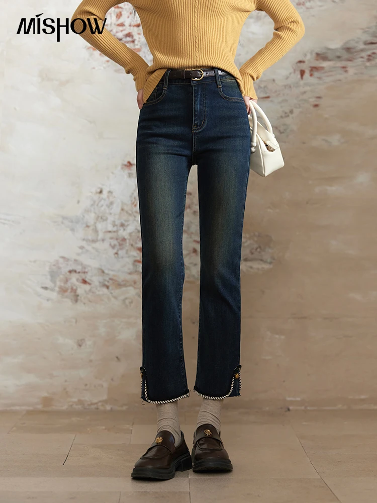 MISHOW Velvet Denim Jeans Pulling Hair Straight Thick Pants Winter Women Button Design Blue High Waist Ninth Pants MXD55K0809