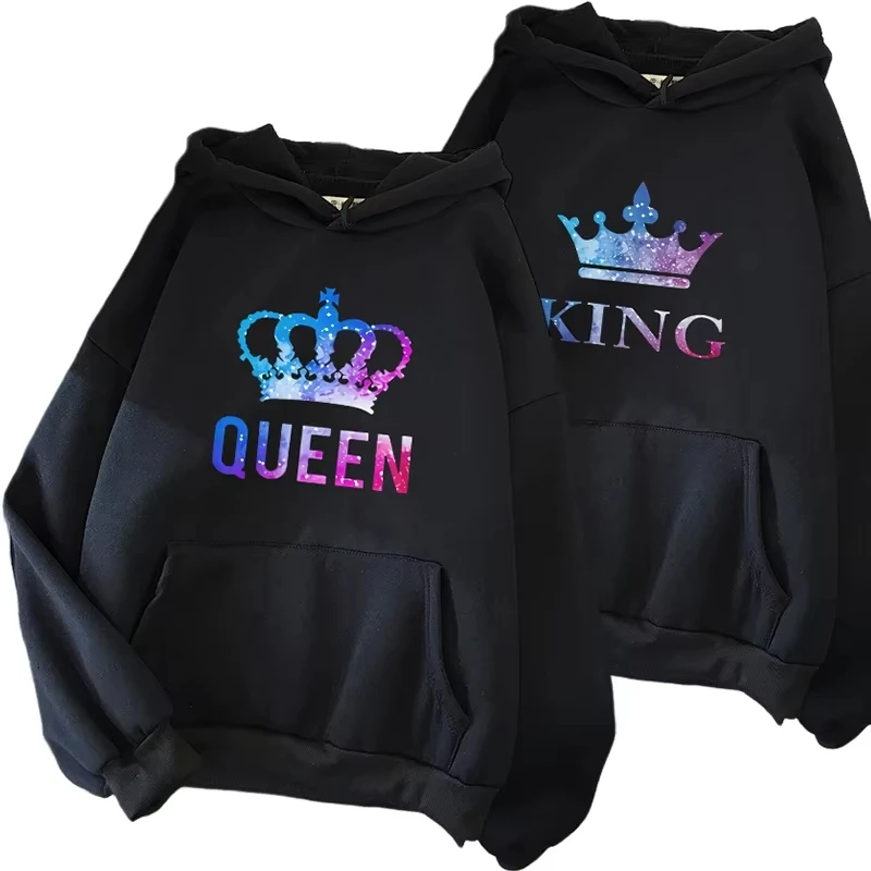 Lässiger, sportlicher Kapuzenpullover im Partnerlook mit Königinnen- und König-Muster, bequemes Kapuzenoberteil für Männer und Frauen