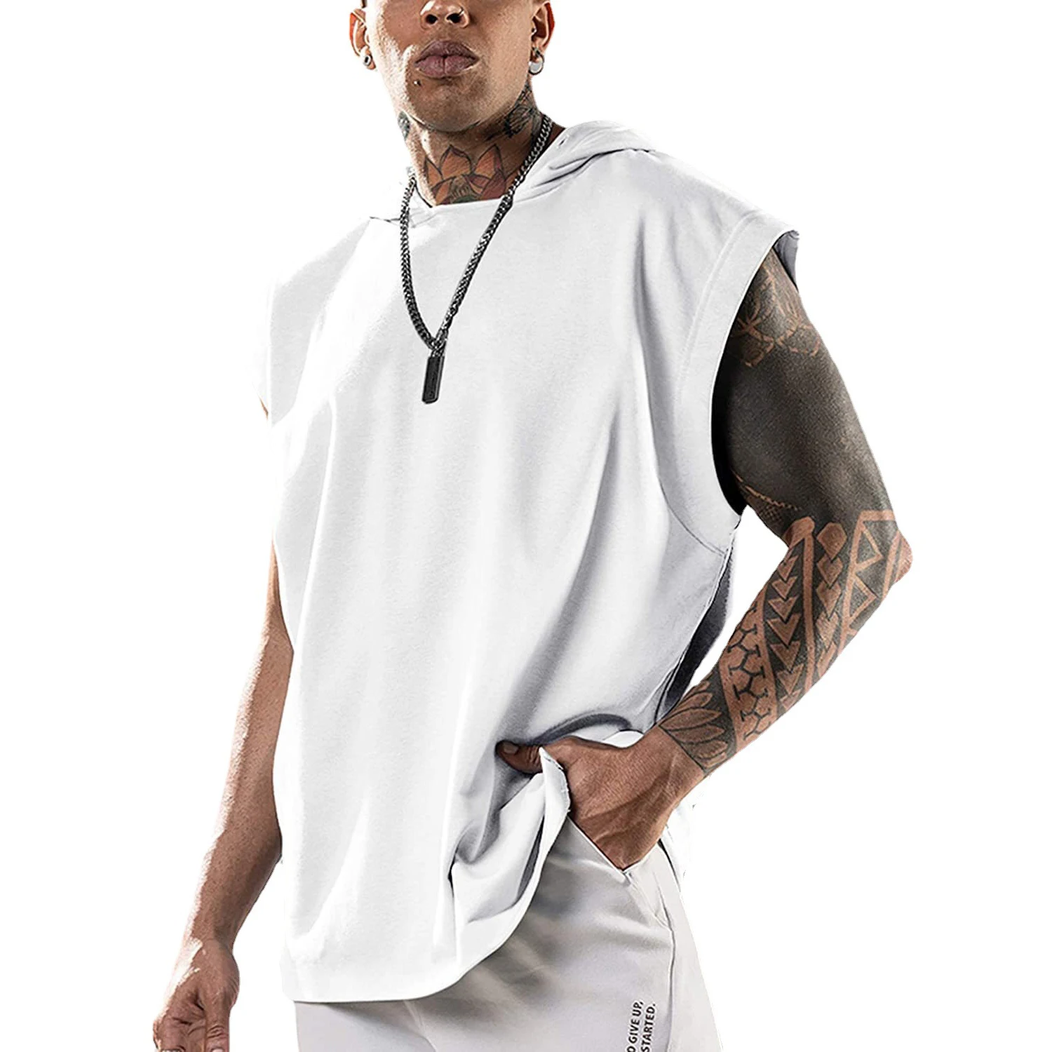 2024 Men Tank Top Fitness Training Pullover Leisure Fashion Sleeve Men\'s Hooded Vest Solid Color Tank Tops For Male