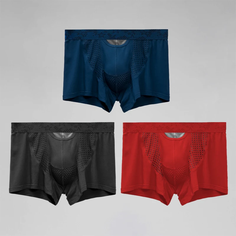 3 قطع ملابس داخلية منفصلة للرجال، سراويل سفلية من الوريد لدعم الصفن، سراويل رياضية ذات زاوية مسطحة منحنية من الحرير الجليدي