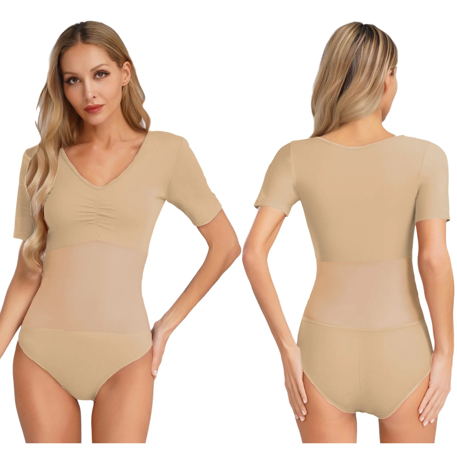 

Women Ballet Dance Leotard Practice Yoga Costume V-neck Short-Sleeve Mesh Splicing Body Jumpsuit Stage Performances Costume