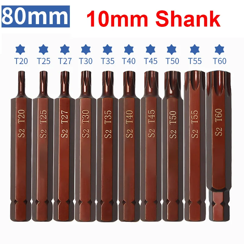 

10pcs/set 80mm Star Torx Screwdriver Bit 10mm Hex Shank Impact T20 T25 T27 T30 T35 T40 T45 T50 T55 T60 Harden S2 Alloy Steel