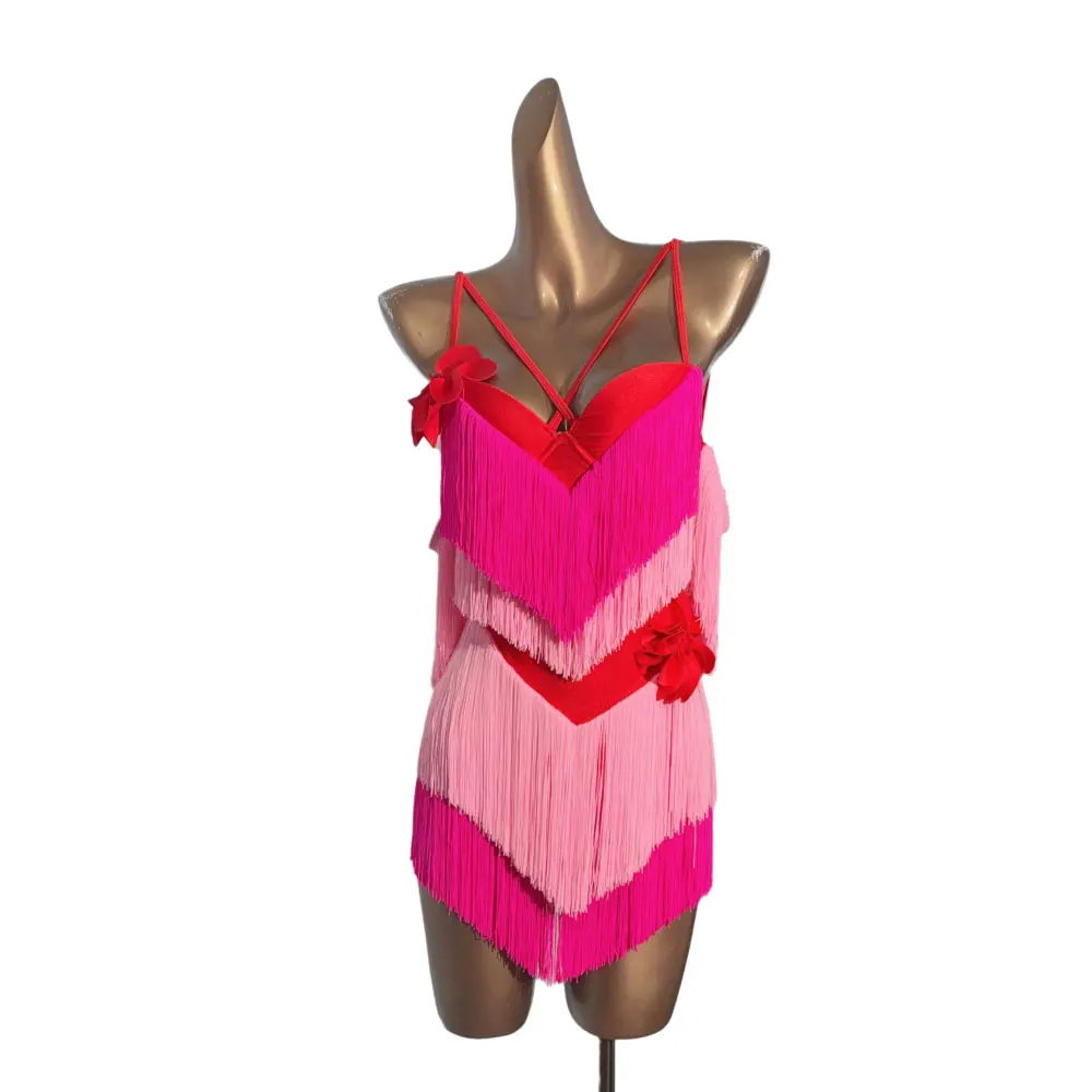 Vestido de dança latina high-end personalizado dupla camada dois tons borla tango feminino adulto e infantil palco roupas profissionais