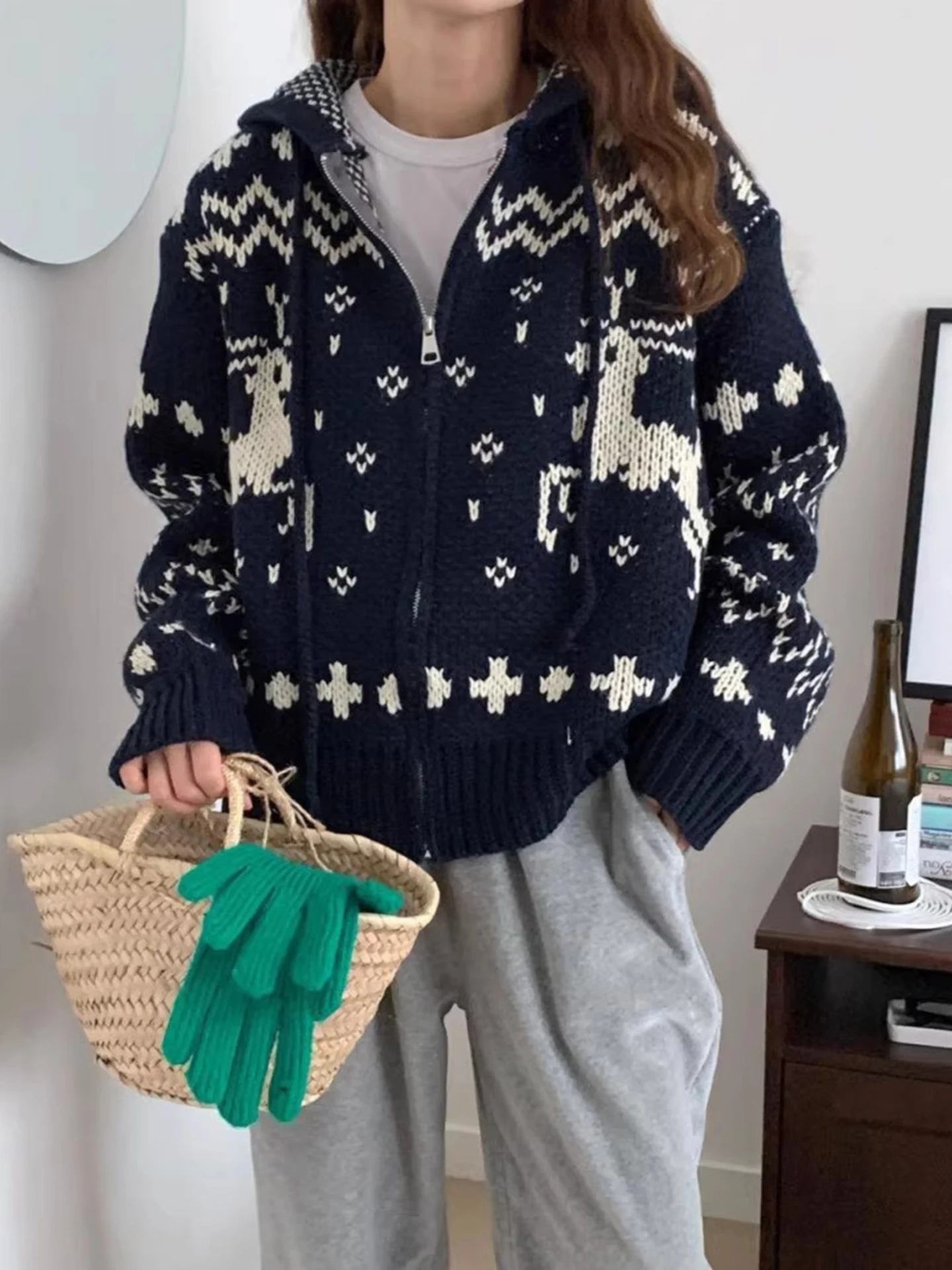 

Retro Cisas Pattern Thiened Knitted Hooded Open Cardigan Coat Women's Winter New Sle Versatile Sweater Long Sve Zi...