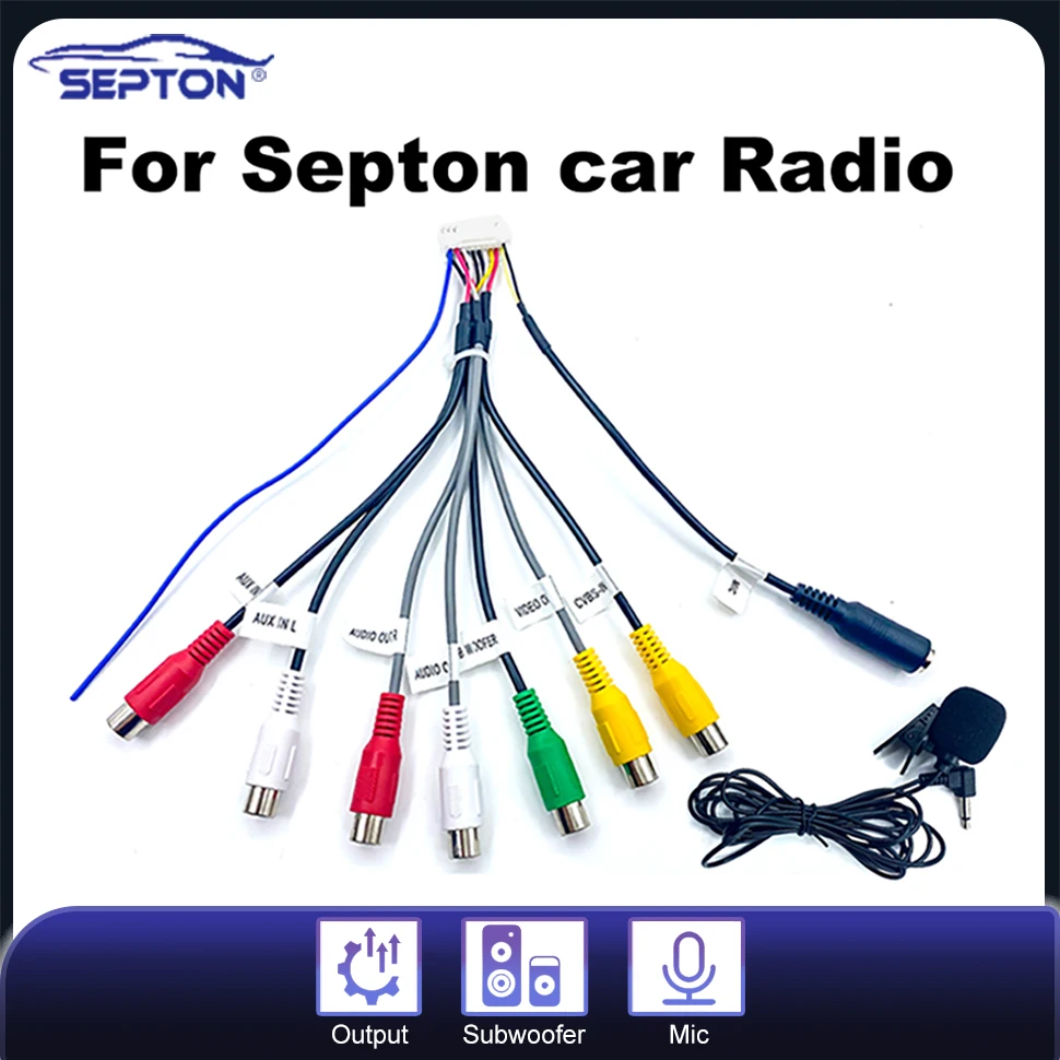 SEPTON-arnés de cables de salida, línea de interfaz de micrófono, adaptador de Cable RCA Universal de 3,5mm, Conector de cableado de 20 pines para Radio de coche Android