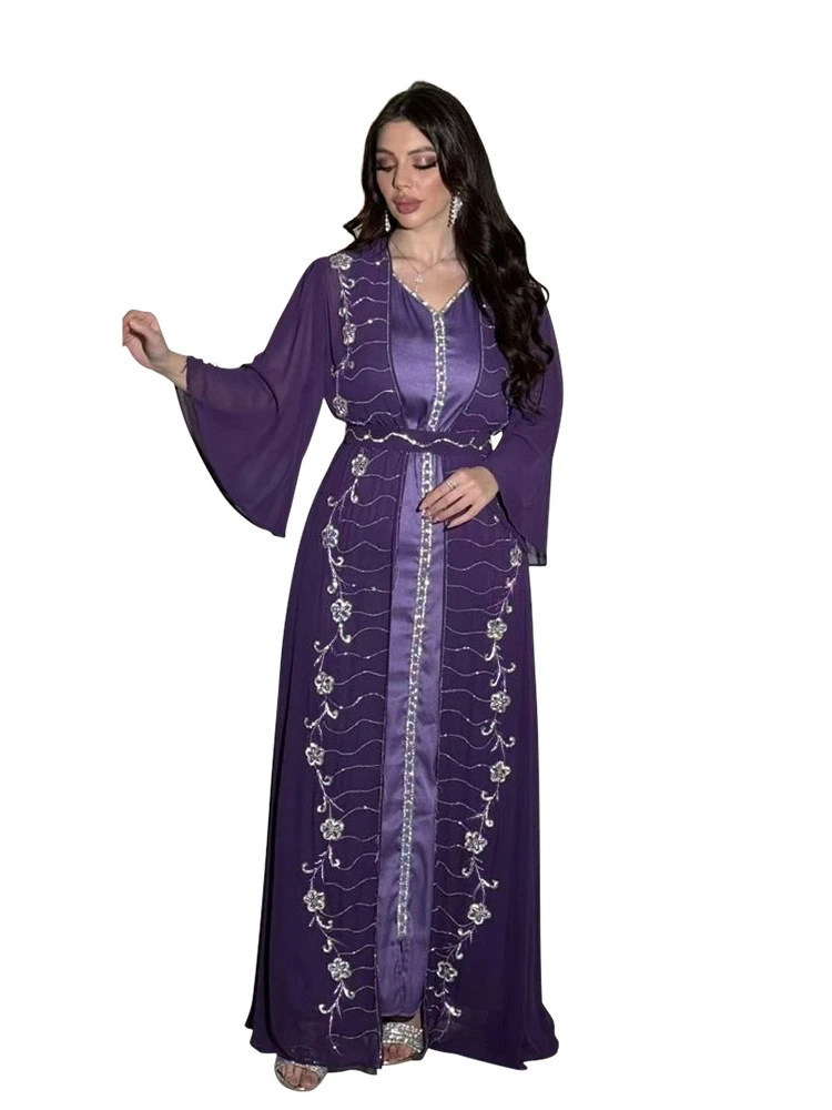 Eid Muslim Party Dress for Women Abaya 2 Piece Set Chiffon Diamond Ramadan Long Dress Belt Kaftan Vestidos Largos Robe Jalabiya