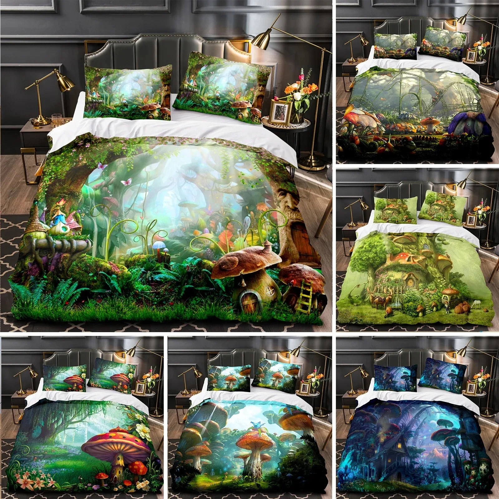 Mushroom Fairy Forest Duvet Cover Magic Lilliputian Cartoon Fungus Plant Bedding Set Fantasy Garden Polyester Comforter Cover