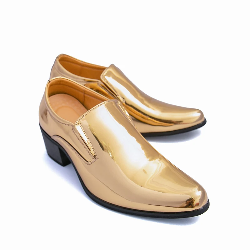 

Новые модные мужские туфли на высоком каблуке, яркие золотистые кожаные туфли с острым носком для вечеринок и свадеб