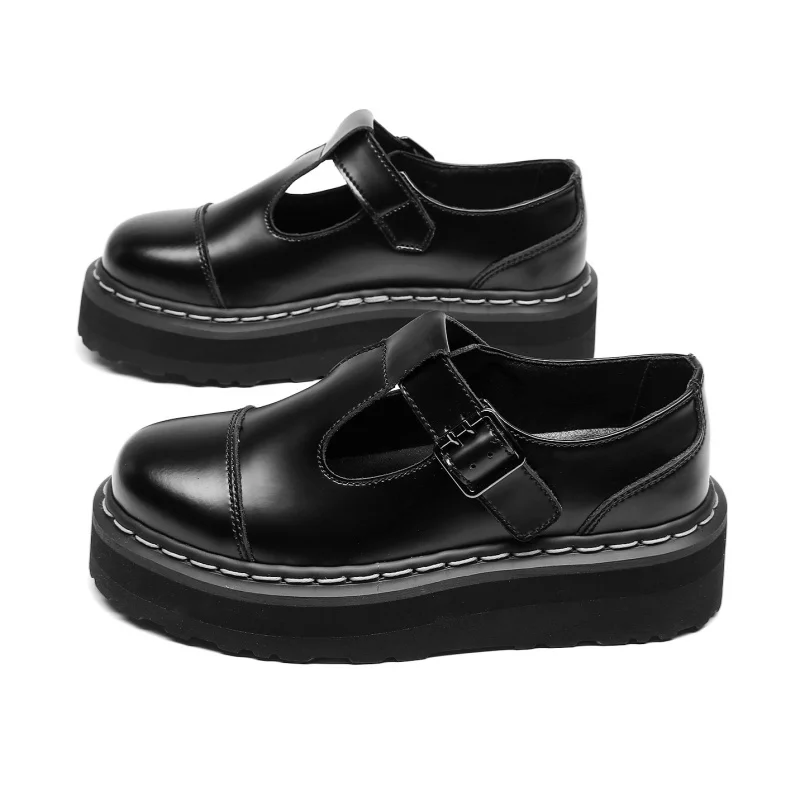 STRONGSHEN ファッションレディースシューズ本革プラットフォーム快適な T ストラップメアリージェーンズ革靴ラウンドトゥロリータ靴