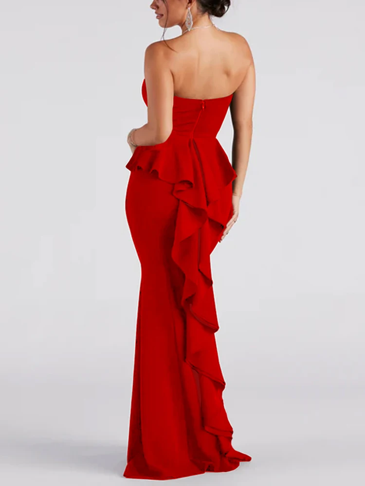 Romagic Vintage Padded Strapless Red Cocktail Prom Dress Backless Ruffles Long Mermaid Stretch Women Wedding Party Evening Gown