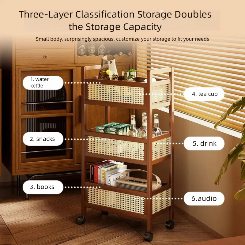 3 Tier Rolling Wood Cart Storage Organizer Movable Floor-Standing Multi-Tiered Snack Cart Storage Rack For Bedroom Multifunction image 4