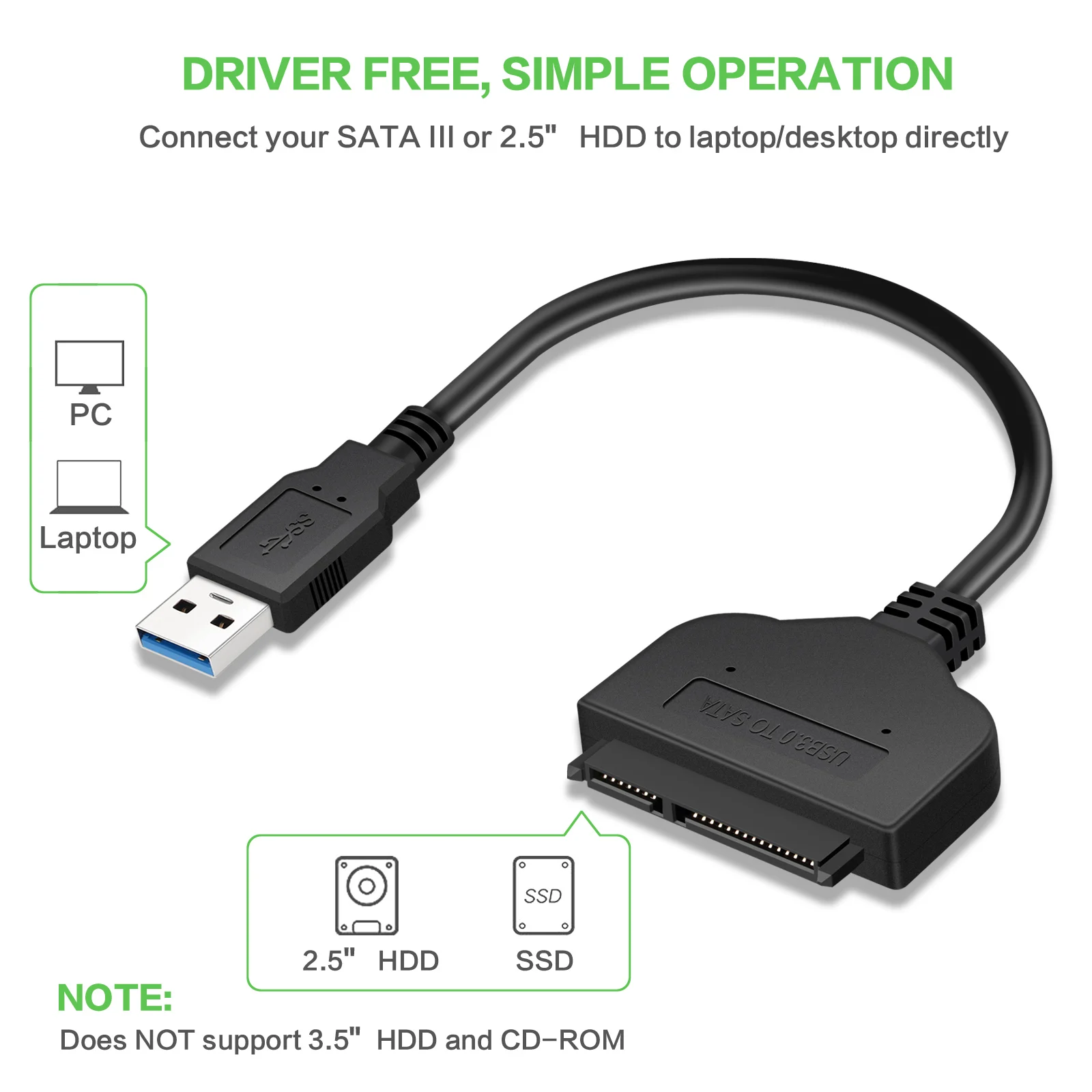 

USB 3.0 to SATA 3.0 7+15Pin Connector Hard Drive Adapter Cable for Laptop 2.5 inch SSD&HDD High Speed Data Transfer Support UASP