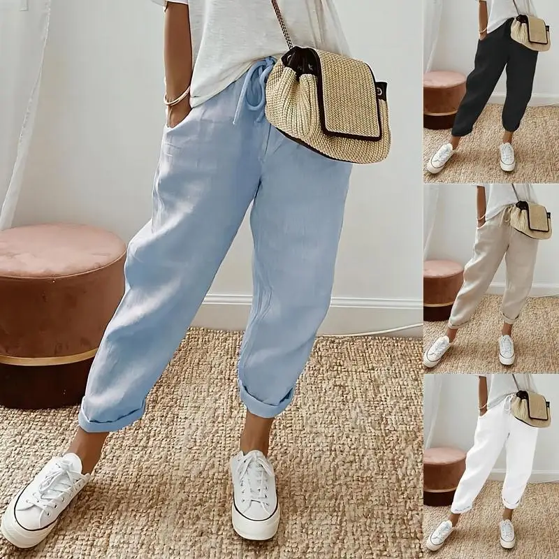 Casual Cotton Linen Women's Long Pants Southeast Asia 2024 Cross-Border Independent Station Pocket Elastic Waist Nine-Piece P...