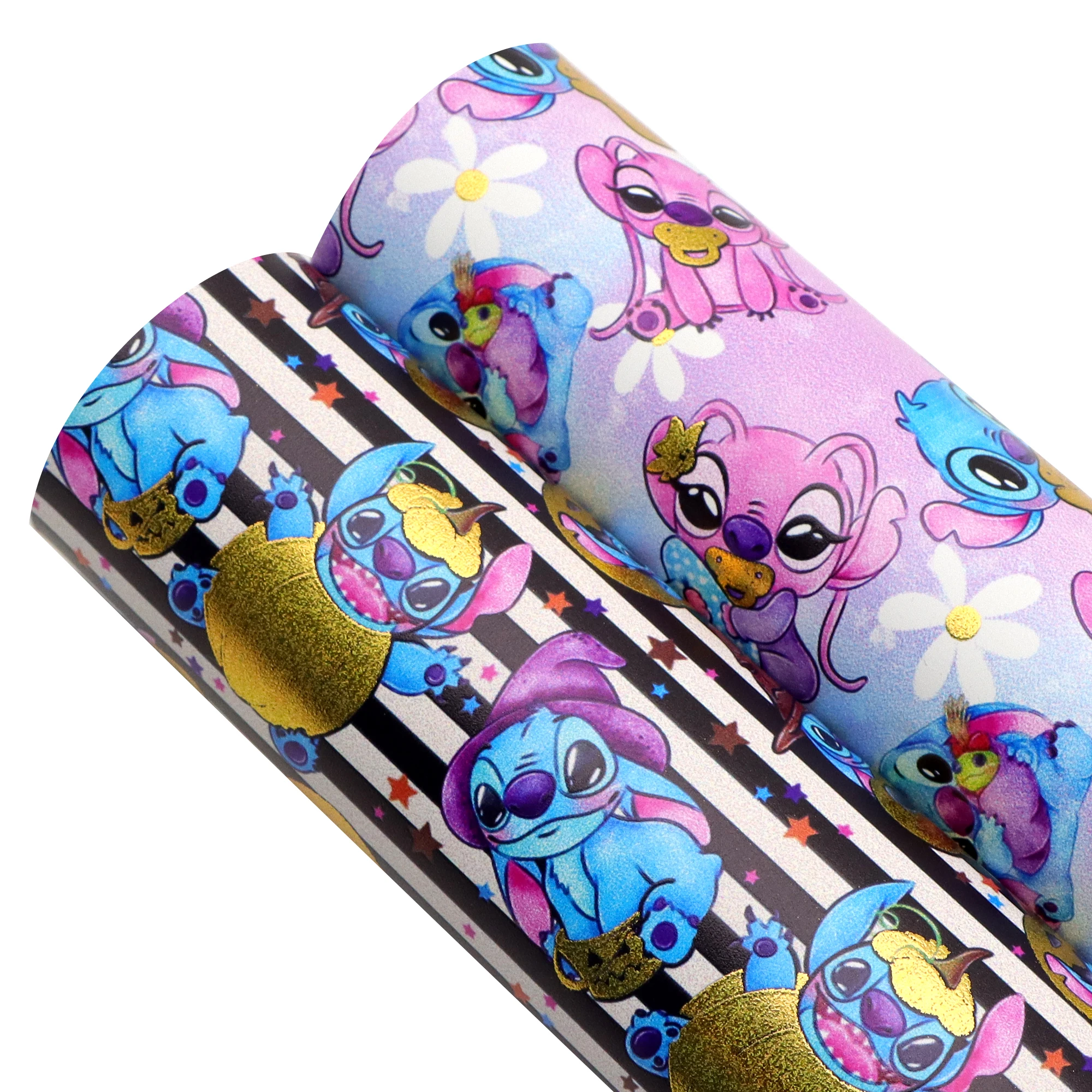 20x33cm Lilo y Stitch Hoja de cuero sintético PVC Cuero sintético con detalles de lámina dorada | Para manualidades, pendientes y lazos de bricolaje