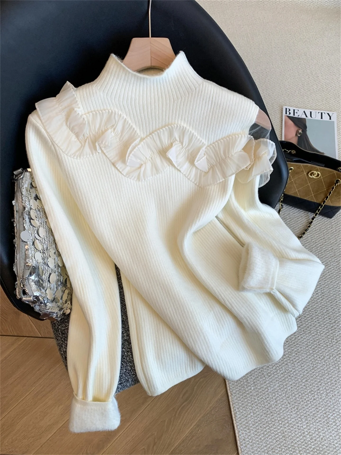 

Вязаный топ с флисовой подкладкой, открытыми плечами и высоким воротником, женский, модный, в нежном стиле, Guangzhou Thirteenth Fac Stopile