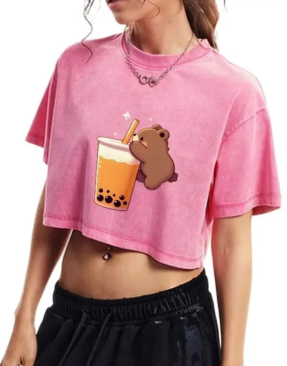 

Short T-shirt Cartoon Cute Bear Summer 2025 Graphic Tee Women | Y2K Hand-Painted Korean Style T-shirt | Fashion Top