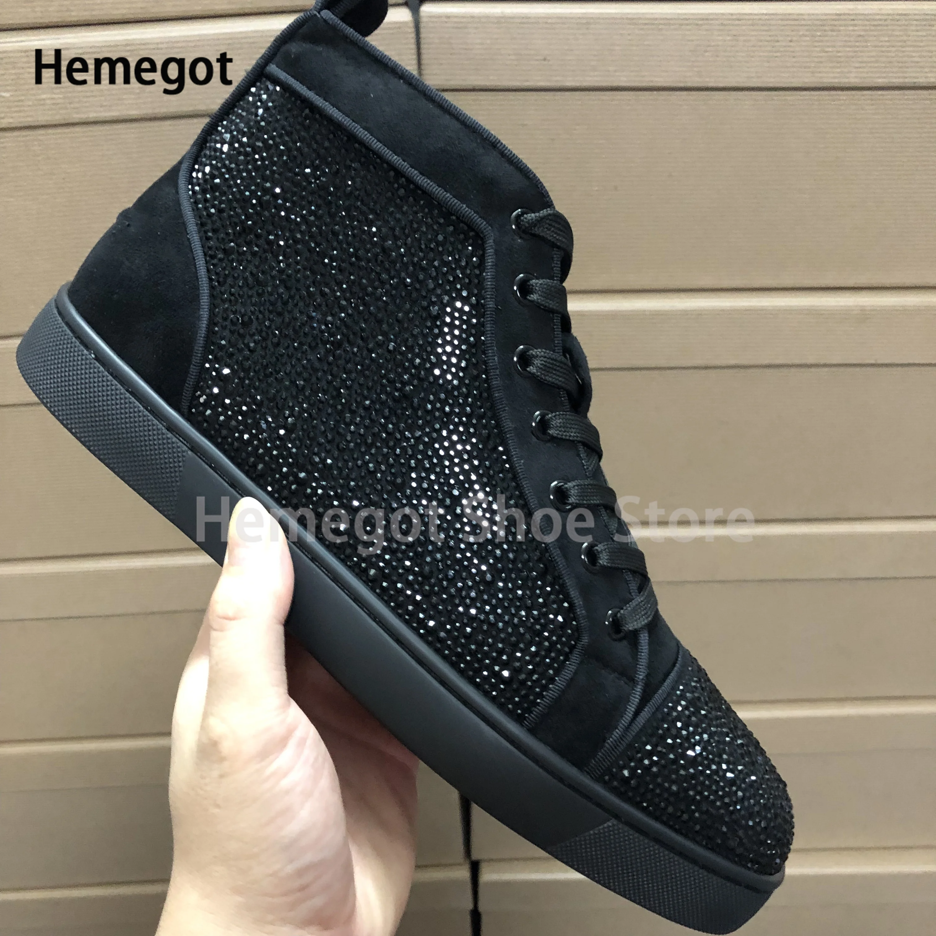 

High Top Rhinestone Rivet Sneakers Men's Shoes Leather Couple Shoes Multi-Color Crystal High Quality Lace-Up Brand Casual Shoes