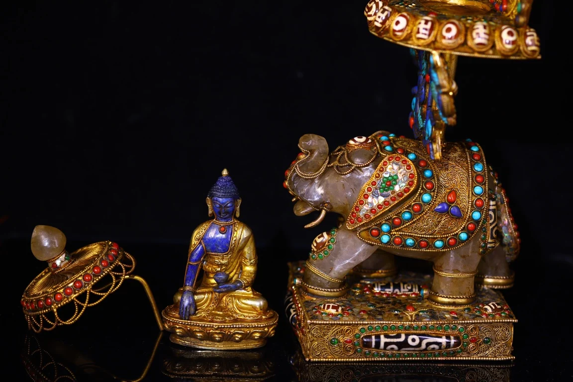 

16"Nepalese folk Old Crystal Mosaic Gem gZi Beads lapis lazuli Shakyamuni Buddha Sit Elephant Statue Buddhist Niche