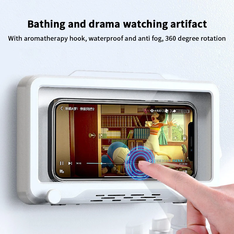 

Revolving Waterproof Shower Phone Case, Anti-fog, Infused with Aromatherapy, Wall Mounted Hook for Bathroom and Kitchen