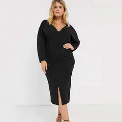 Plus Size ścieg kontrastowy elegancka wiosenna sukienka damska seksowna z dekoltem w serek z długim rękawem, czarna sukienka Midi, damska, duży rozmiar 8XL