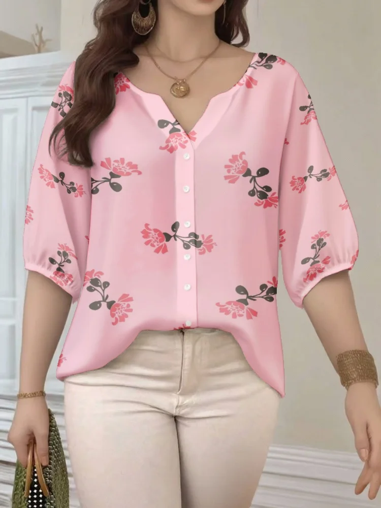 

Plus Size Women Blouse Bohemian Style Fashion V Neck 3/4 Puff Sleeve Button Down Casual Tops Summer Work Loose Fit Tunics
