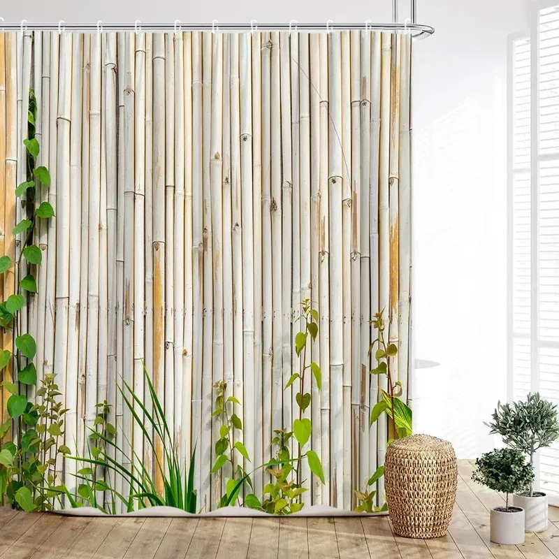 

JHB23Zen Shower Curtain, Green Bamboo River Russian Lotus Butterfly River Scenery Candle Leaf Print Home Bathroom Decoration9Kj(