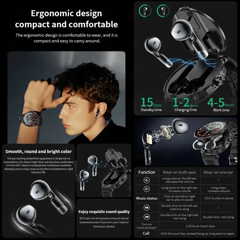 Wireless Headphones 2 In1 Smartwatch Men NFC Voice Call Sport Smart Watch Heart Rate Health Monitor Waterproof Watch Music Clock