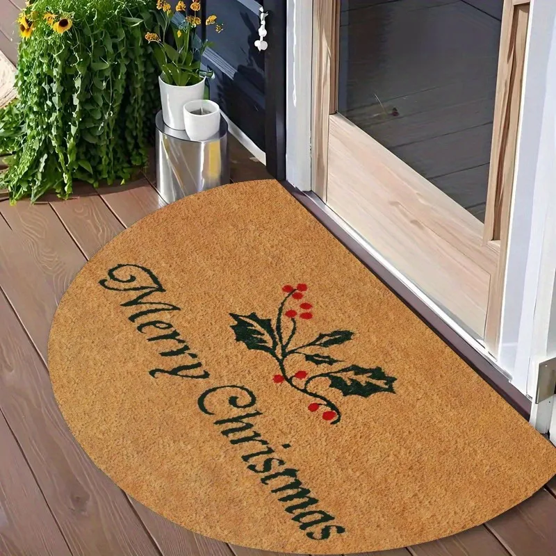 Christmas Doormat Semicircle Santa Claus NonSlip Felt Rug Plaid Pattern Entrance Floor Mat Outdoor Indoor Holiday Welcome Carpet