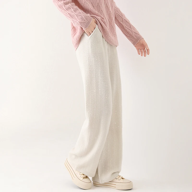 Women Wide-Leg Pants 100% Merino Wool Trousers New Collection High Quality Autumn Winter Soft Thick Female Pants