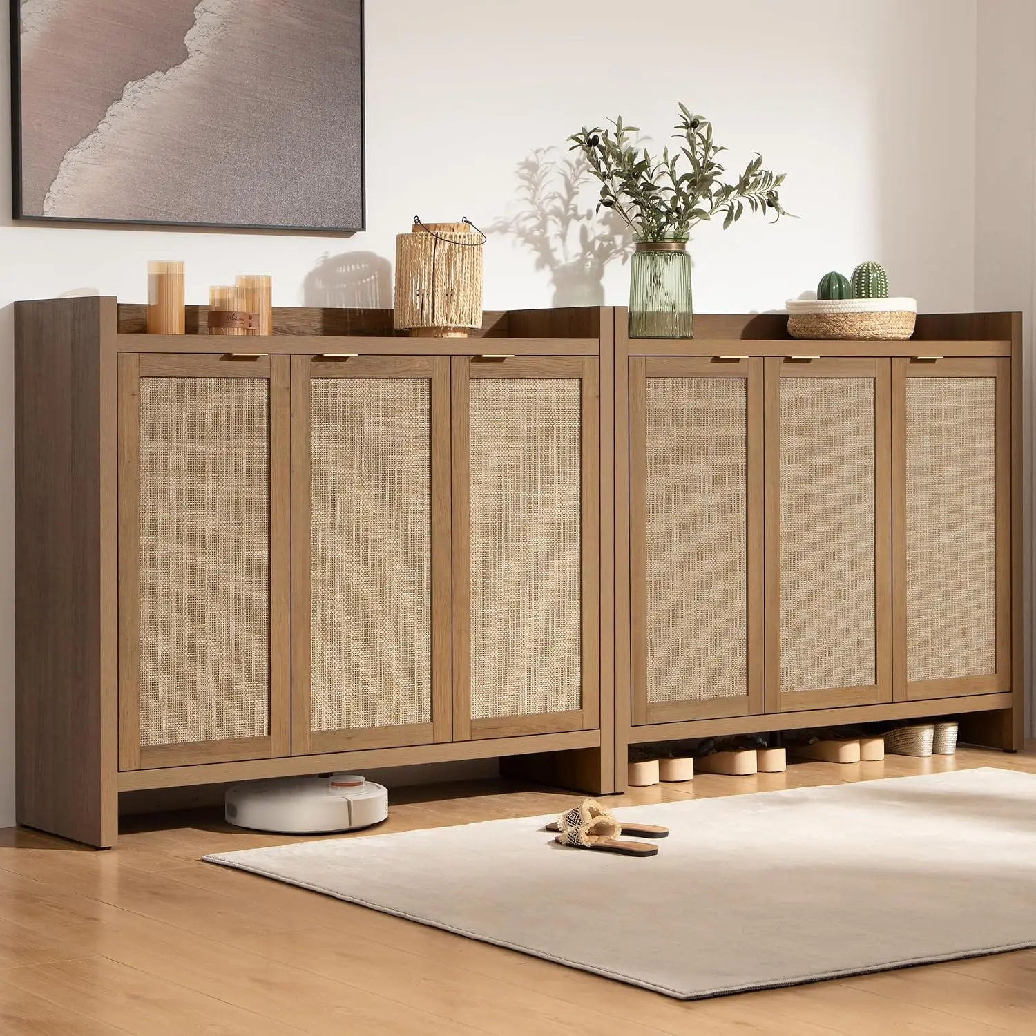 Rattan Shoe Cabinet 2 Set Tall Large Entryway Storage Organizer, Customized