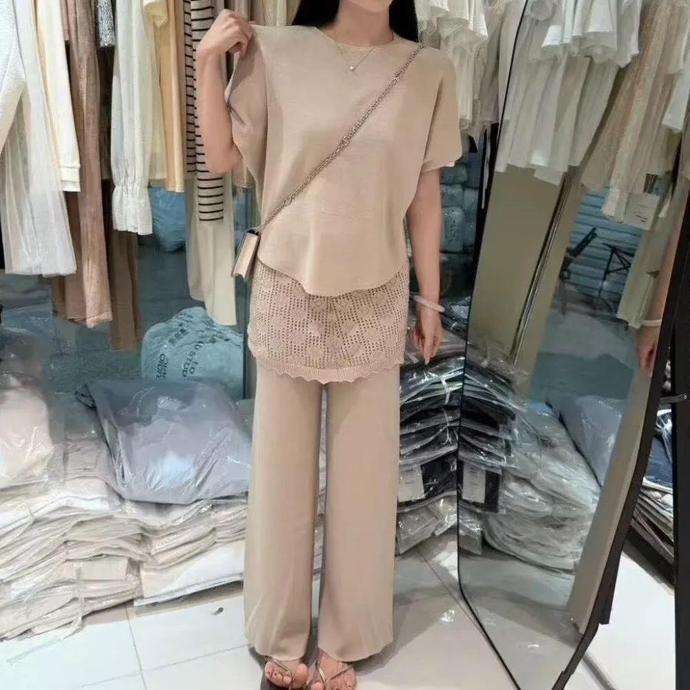 Korean Style Summer New Women's Shoulder Bared Long Sleeve Top High Waist Slimming Fake Two-Piece Wide Leg Long Pants