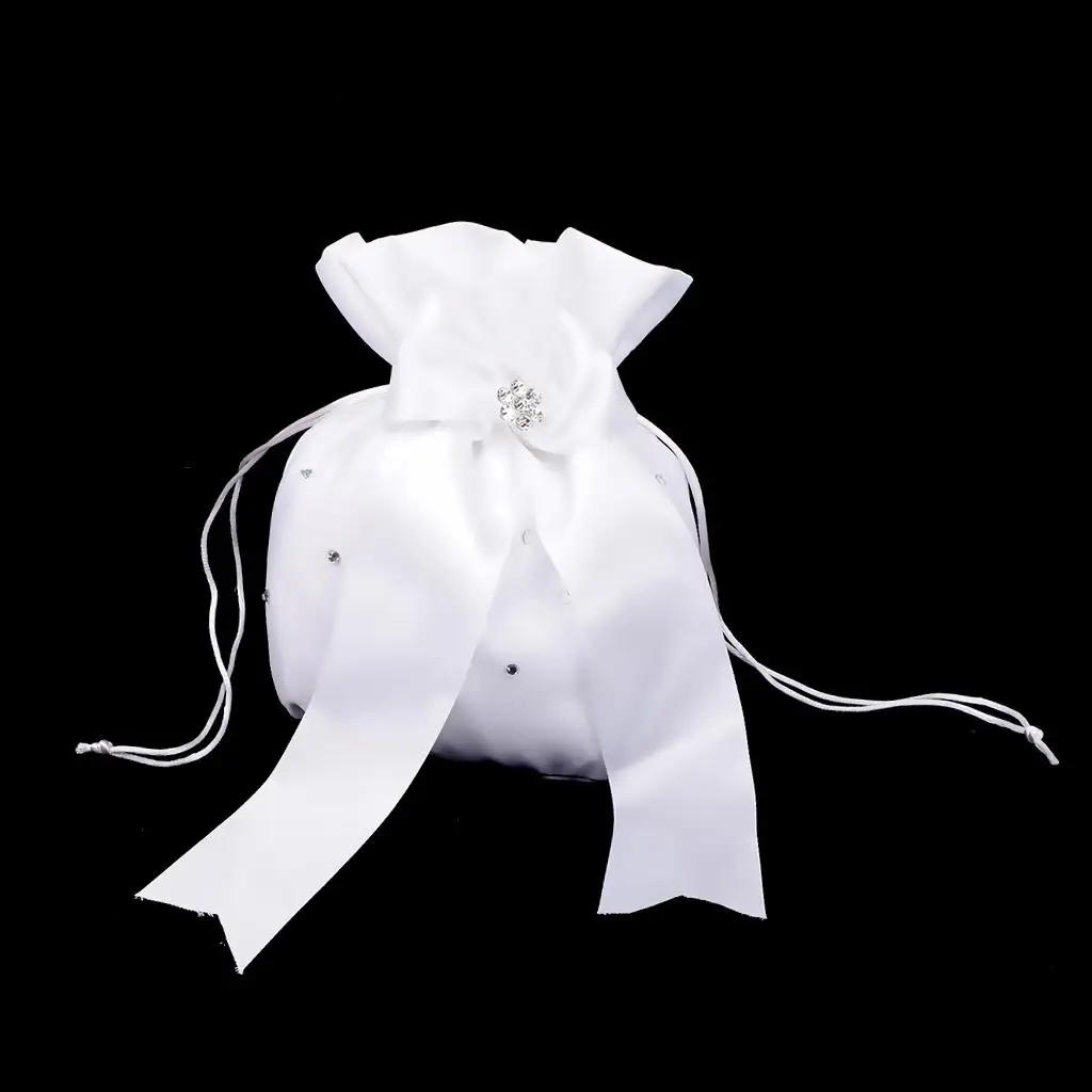 White Satin Bridal Wedding Clutch Flower Money Bag Drawstring Pouch Wristlet Handbag Party Bags Bridesmaid Wedding Accessories