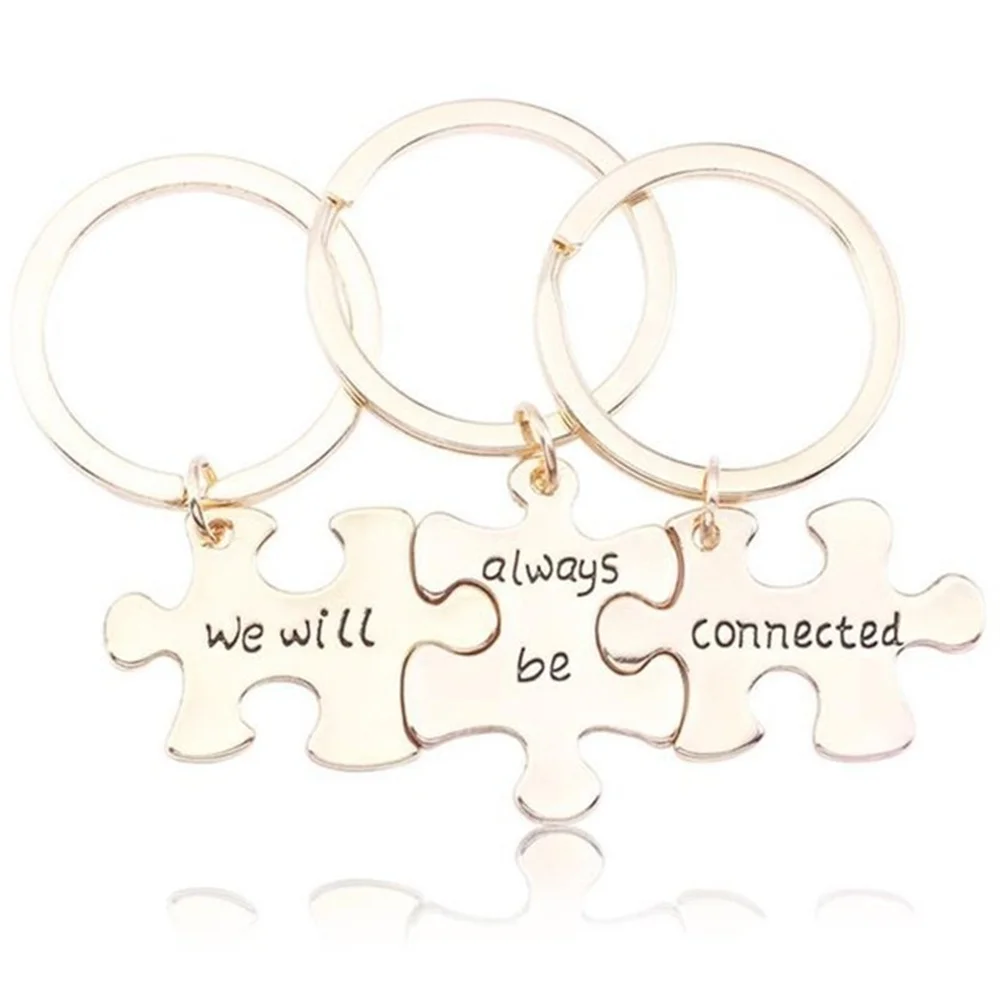 Trendy Best Friends Keychain Carved We Will Always Be Connected Key Chain 3 Piece Puzzle Geometry Keychains Bff Hot Sale Gifts