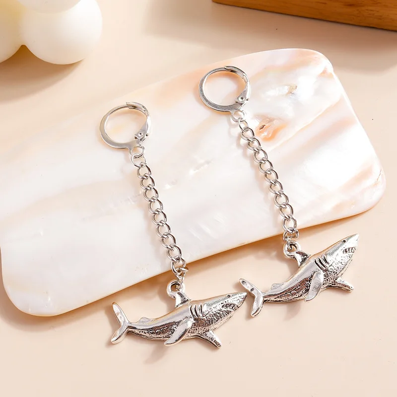 2 Pcs Fashion Creative Shark Animal Trendy Personality Silver Color Dangle Earrings Women Party Daily Gift Jewelry