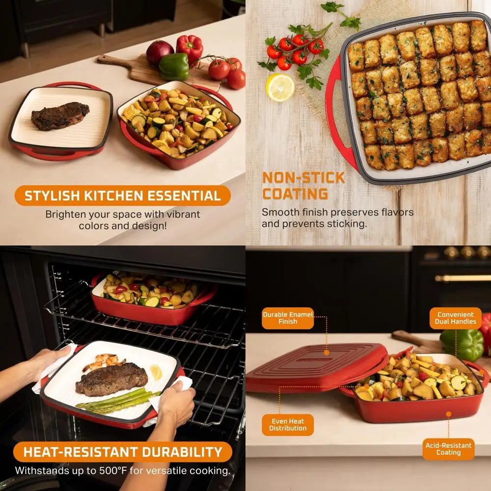 

Red Cast Iron 2-in-1 Dutch Oven and Griddle Pan with Dual Handles, Baking and Grilling Lid