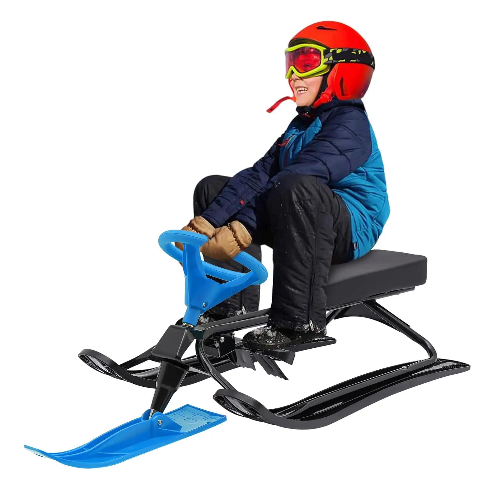 

Snow Racer Sled, Ski Sled Slider Board with Steering Wheel, Soft and Large Pu Seat, Twin Brakes for Kids Aged 3-15 Years Old & a