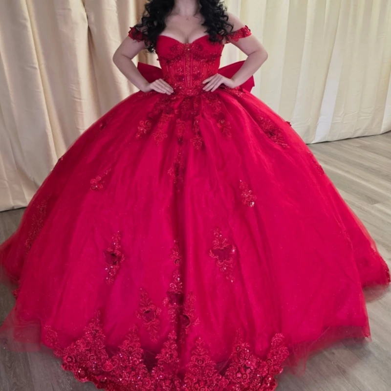 

Red Shiny Ball Gown Quinceanera Dresses Applique Lace Beading Crystal Bow Tull Corset Off Shoulder Sweet 16 Dress Vestidos 15 De