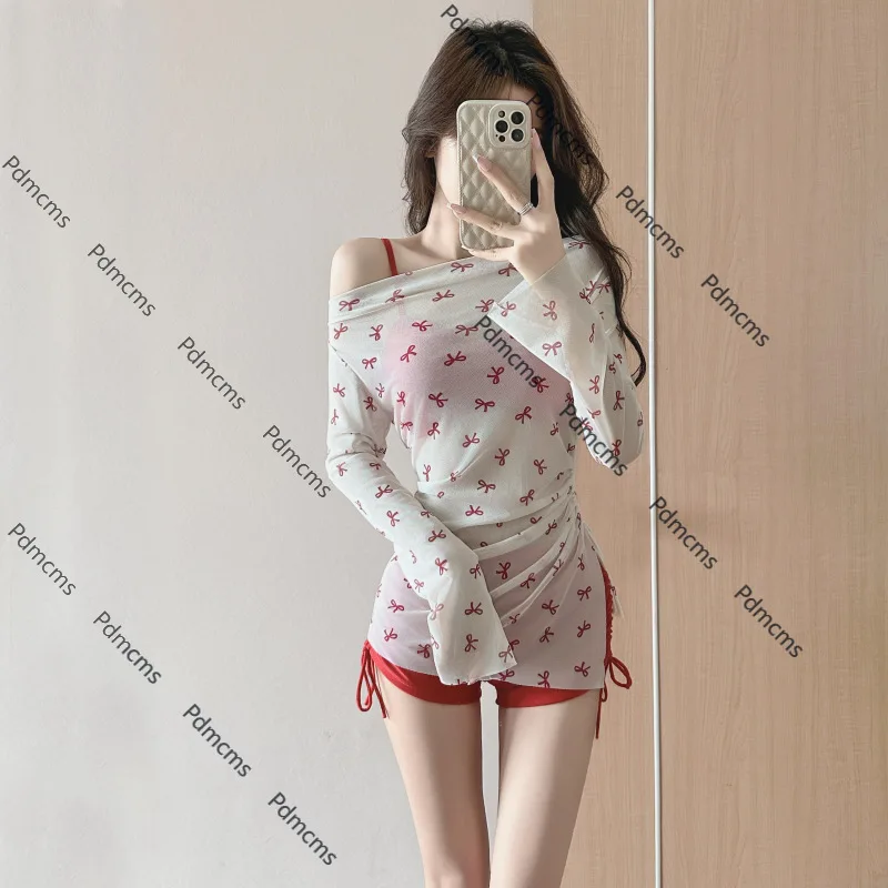 

2025 new summer blouse flat-angle split swimsuit women's three-piece set, thin and fashionable Korean foreign style bow bubble