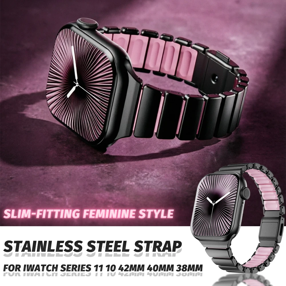 

Stainless Steel Rubber Strap for Apple Watch Series 11 10 42mm Slim-fitting Feminine Style for Iwatch 9 8 7 6 Se3 40mm 41mm 38mm