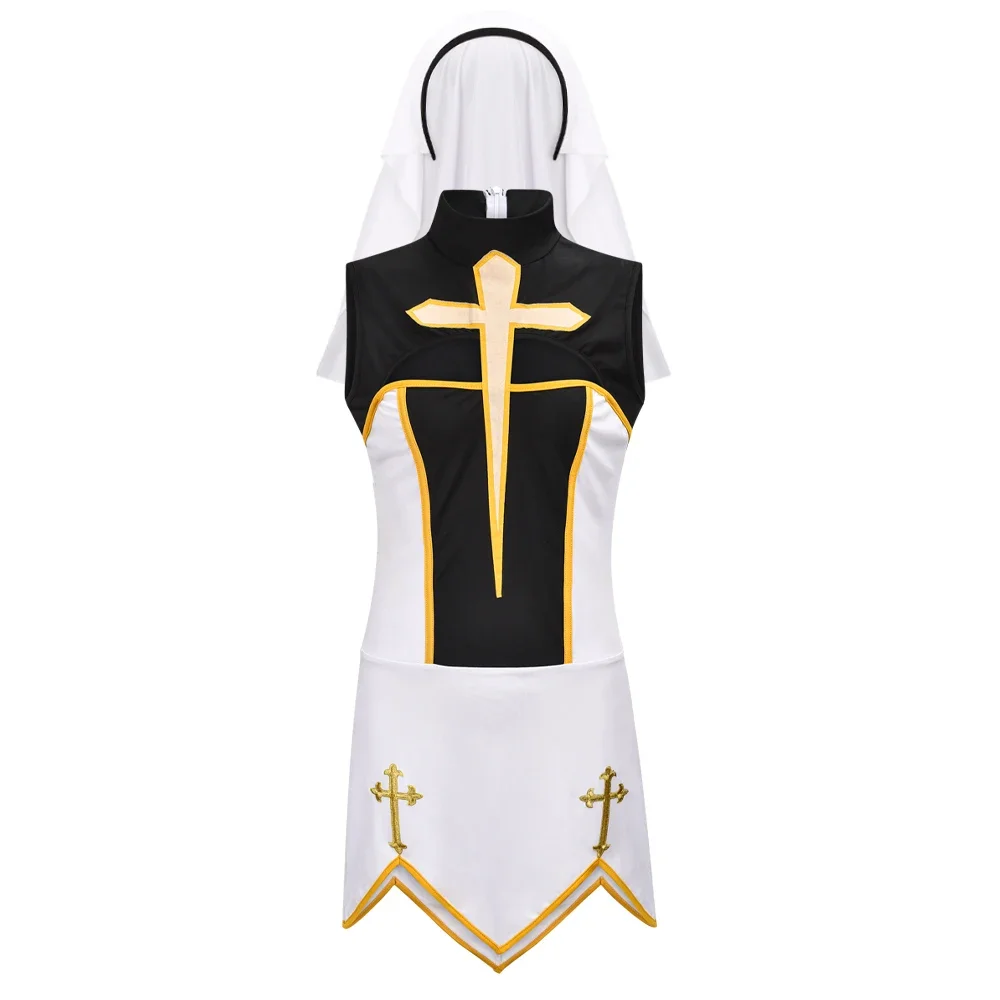 

Halloween Sexy Nun Black And White Cross Costume Irregular Dress Sleeveless Madonna Cosplay Costume Party Disguise Women's Suit