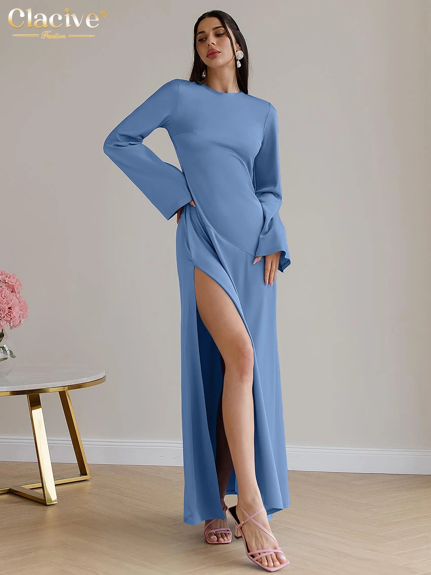 Clacive moda solta vestido feminino preto 2025 casual o-pescoço manga longa tornozelo comprimento vestidos elegante clássico fenda vestido feminino