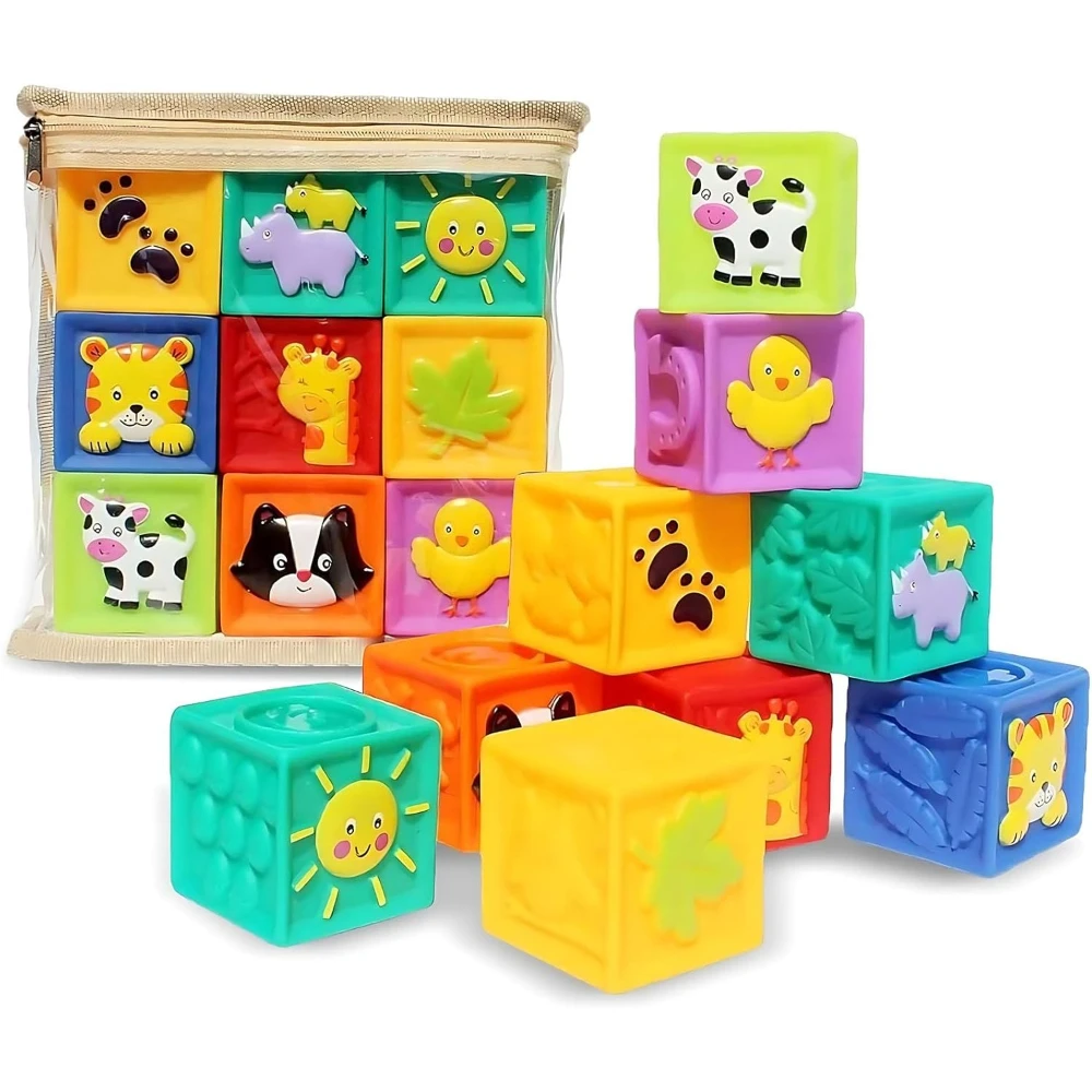 

9Pcs Soft Squeeze Teething Blocks, embossed number & animal shapes, educational stacking toy for babies above 6 months old