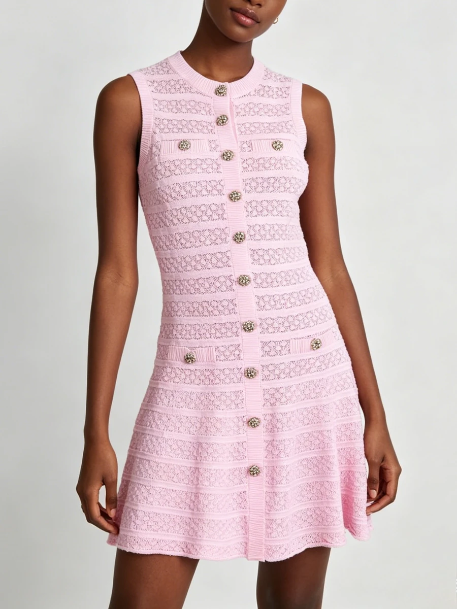 VGH Pink Loose Spliced Buttons Chic Dress for Women O Neck Sleeveless Korean Intellectual Dresses Female Summer Fashion Style