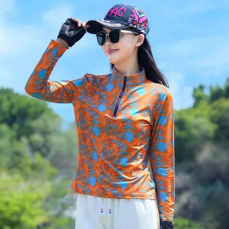 Korean Ladies Stand Neck Sun Shirt Jacket Autumn Women Large Size 4XL Printed Yoga Wear Coat Spring Femme Quick-dry Clothing Top