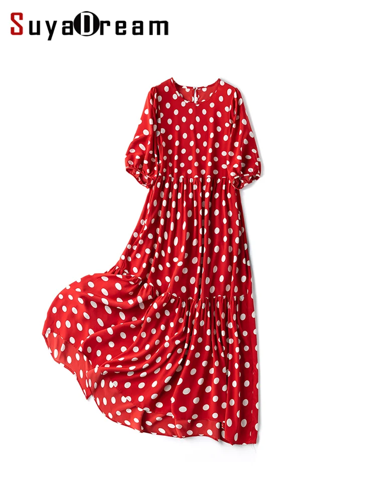 

SuyaDream Women Dots Long Dresses 100%Mulberry Silk Printed A Line Puff Sleeves Dress 2023 Spring Summer Holiday Clothes Red