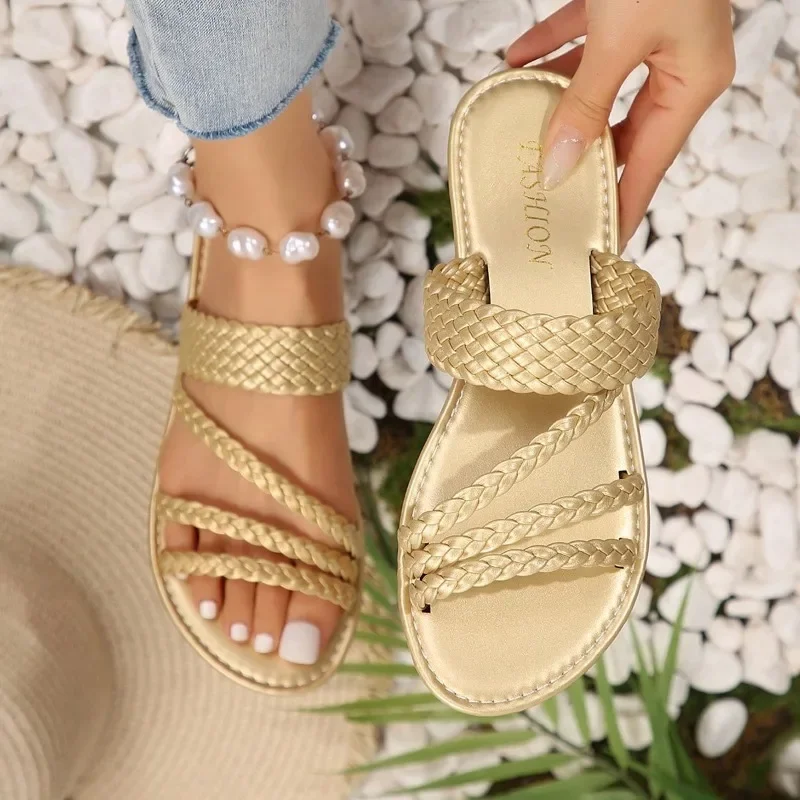 

Large Size Women Summer Woven Slippers New Outdoor Beach Sandals Fashionable Material Comfortable Slip-On Shoes Slides Women