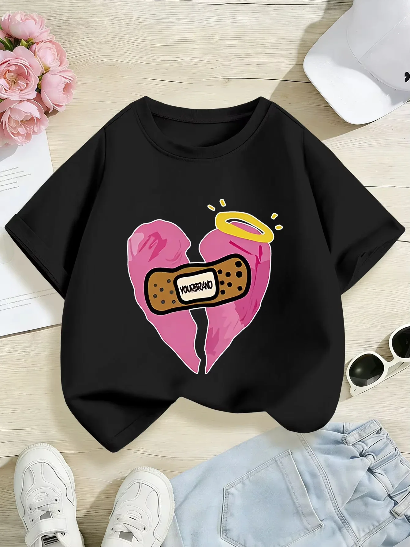 Kids Short Sleeve T Shirt Broken Pink Heart Bandage Halo Graphic Crew Neck Casual Summer Tee For Girls Boys Streetwear
