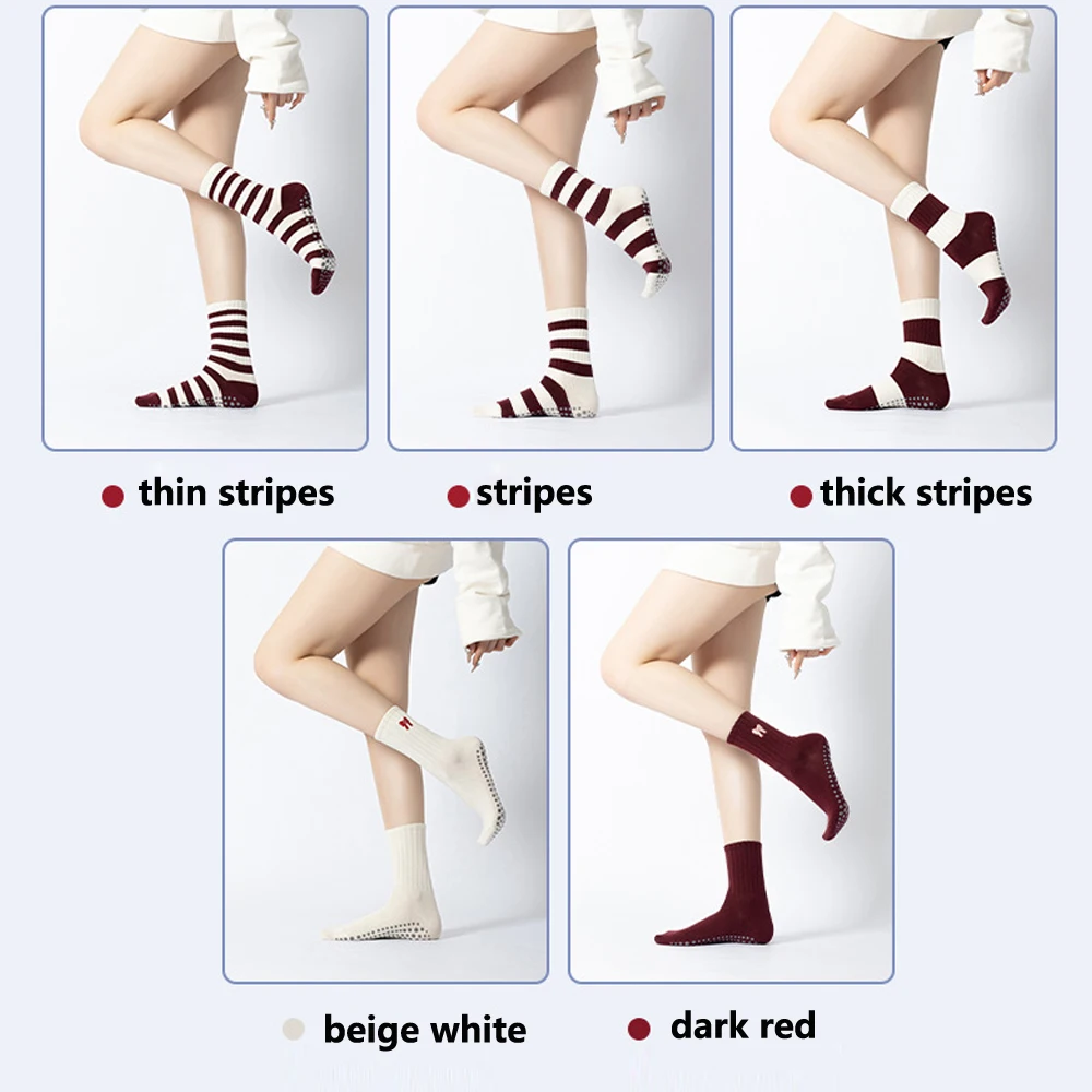 Dark Red Stripes Yoga Pilates socks for women Non-slip floor sports Calf socks Fashion all-match trend socks image 5