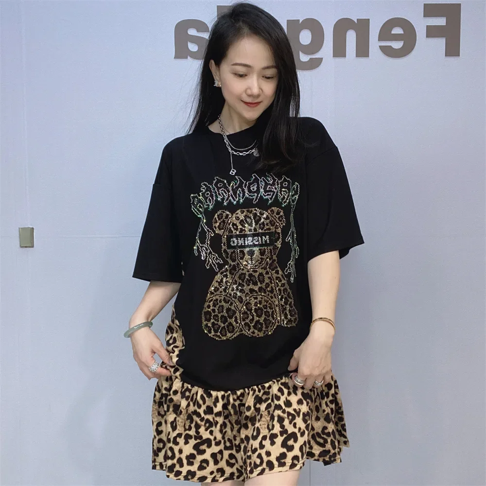 Leopard Colorblock Short Sleeve Dress 2025 New Summer Fashion O-neck Loose Pullover Top Cute Bear Hot Drilling Mid-long T-shirt