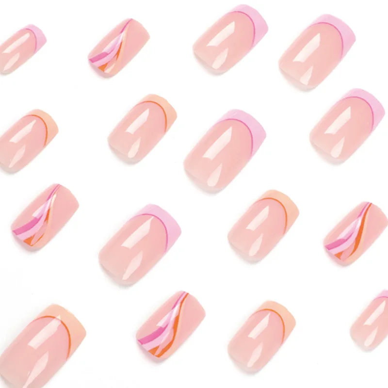 24Pcs rectangular False Nail French orange pink border with four-color waves Wearable Manicure Press ON Nails Solid